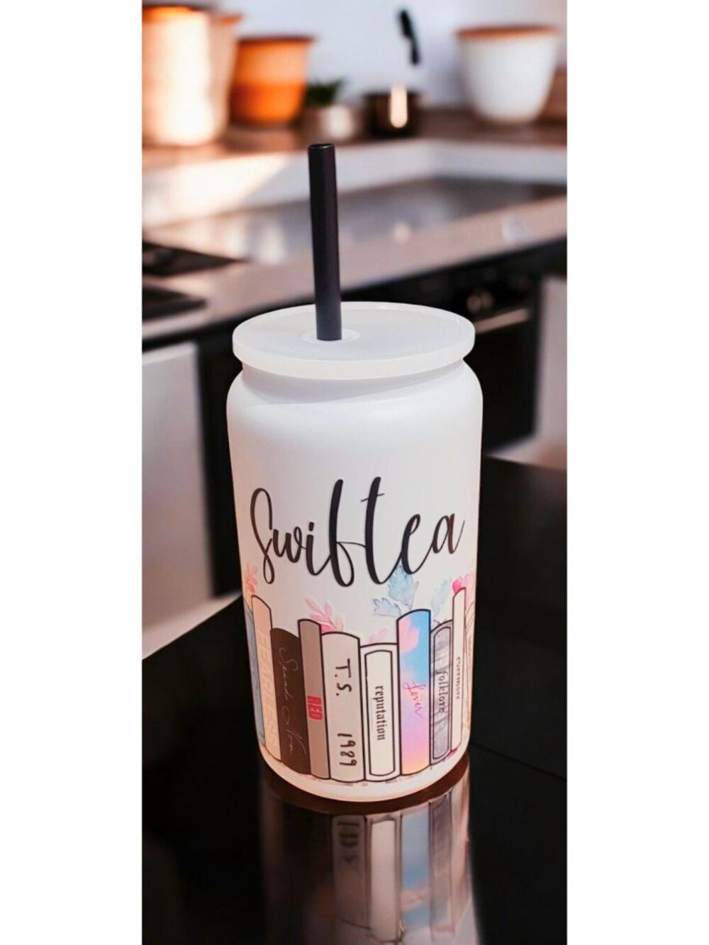 Swiftie-Themed Insulated Tumbler With Straw White Lid Book Spine Design Floral A